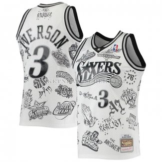Maillot Philadelphia 76ers Allen Iverson NO 3 Mitchell & Ness 1997-98 Tattoo Blanc